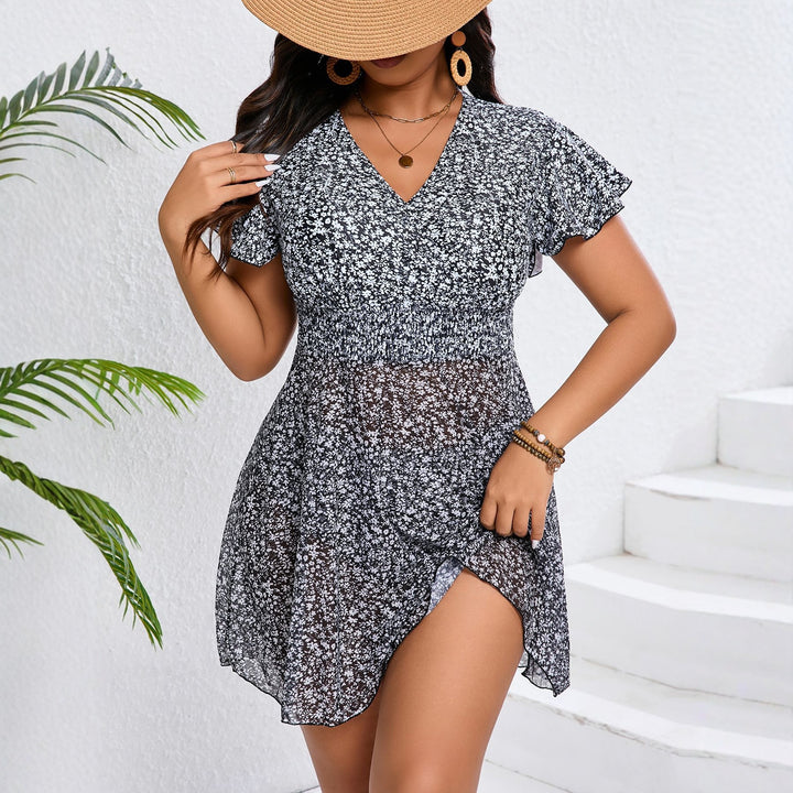 Ladies beach dress with floral design and gathering Mune Fashion