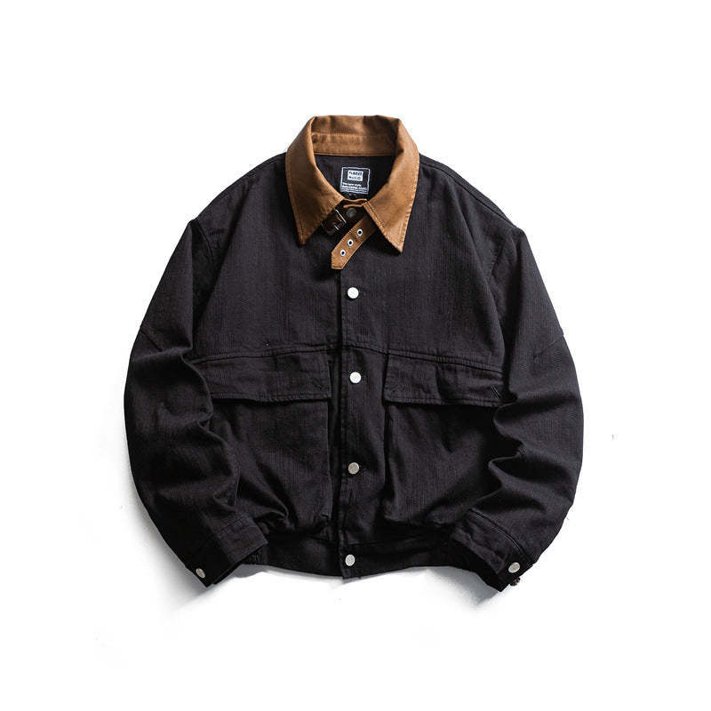 Men's Boxy Worker Canvas Jacket with Cord Collar, Snap Placket and Placed Flap Pockets Mune Fashion