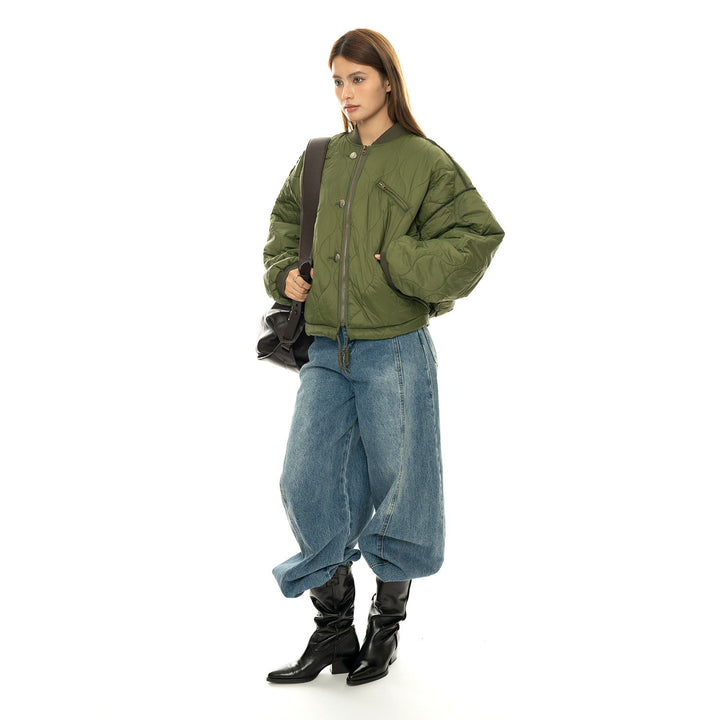 Women Padded Oversize Quilted Bomber Jacket with Leopard Print Lining and Drawstring