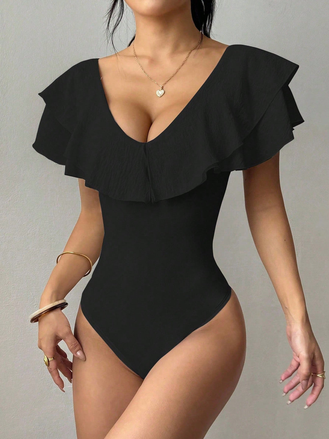 Women's Tailored Bodysuit with Deep V-Neck and Double Ruffle Collar Mune Fashion