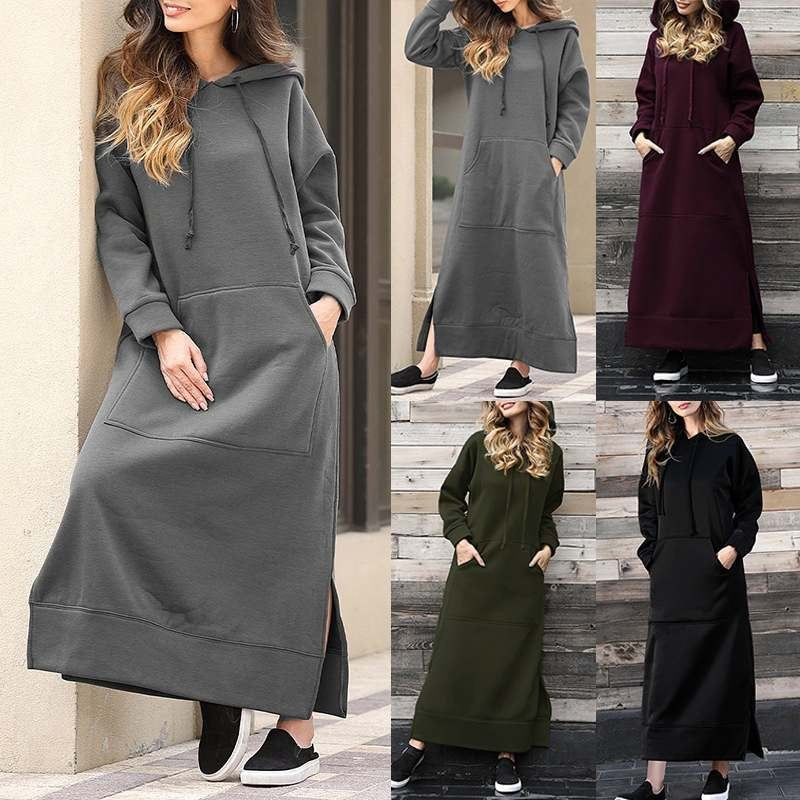 Women's long hooded sweat dress with kangaroo pocket, side slits and loose oversized fit Mune Fashion