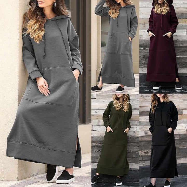 Women's long hooded sweat dress with kangaroo pocket, side slits and loose oversized fit Mune Fashion