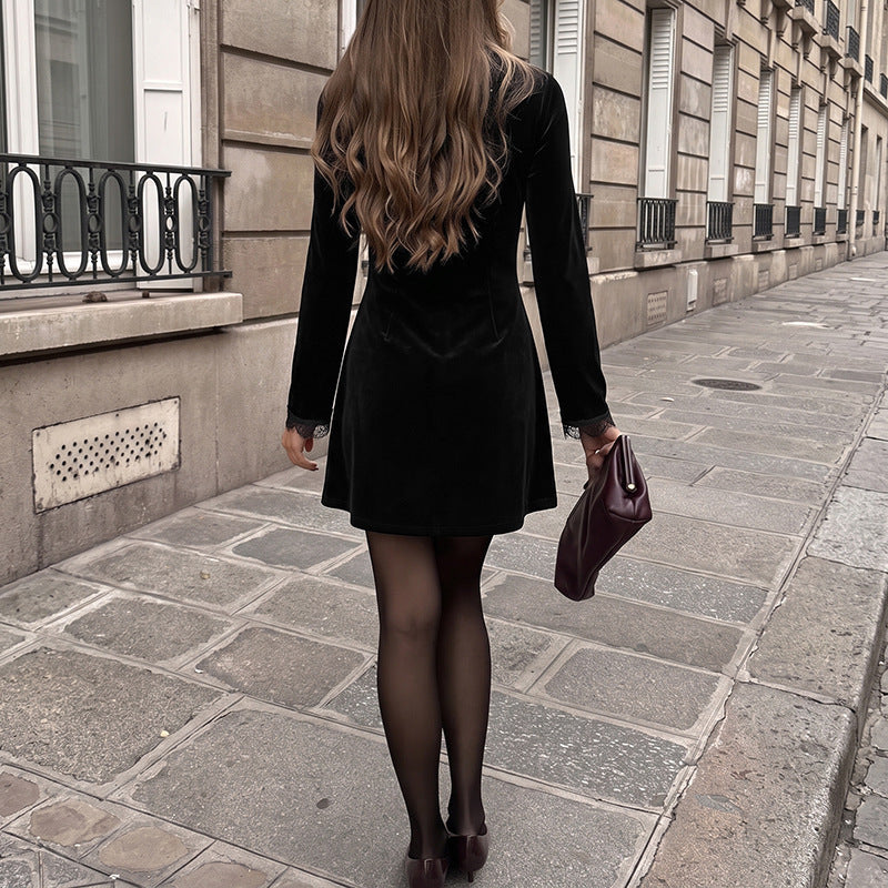 Women's Elegant Velvet Mini Dress with Lace Accents Mune Fashion