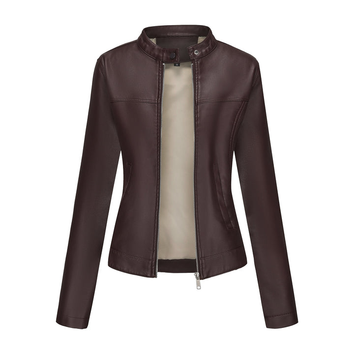 Ladies' tailored faux leather jacket with stand-up collar, concealed zipper, and clean minimal design Mune Fashion