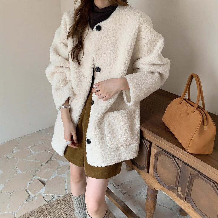 Ladies Oversized Teddy Coat with Round Neck, Large Button Placket and Patch Pockets Mune Fashion
