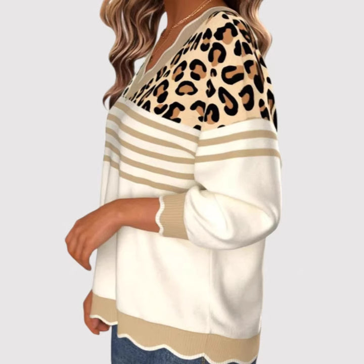 Ladies Stylish V-Neck Sweater with Leopard Print