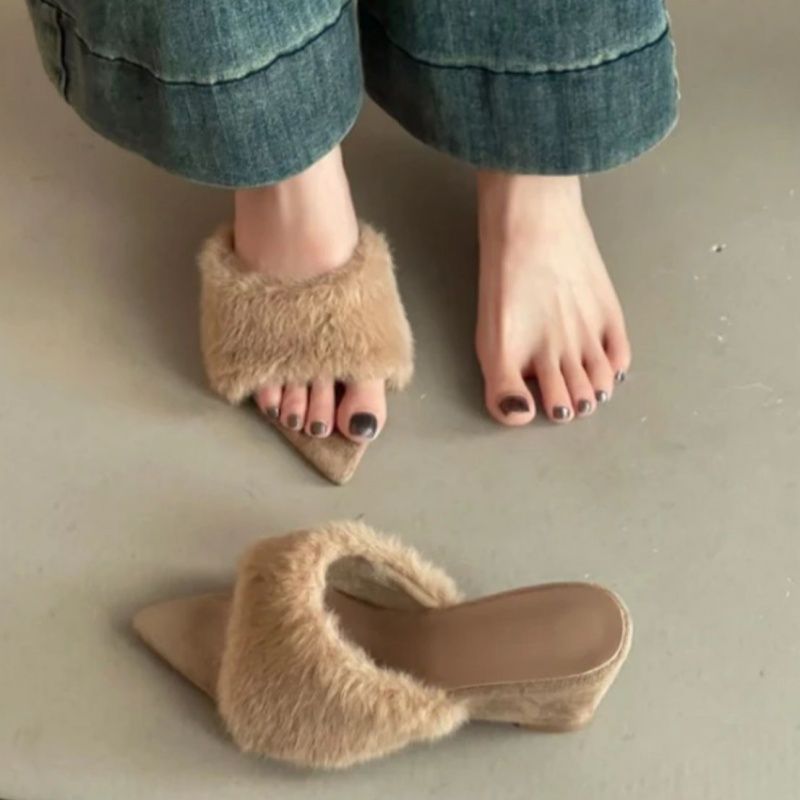Women fluffy pointed toe mule slippers with faux fur vamp and low wedge heel Mune Fashion