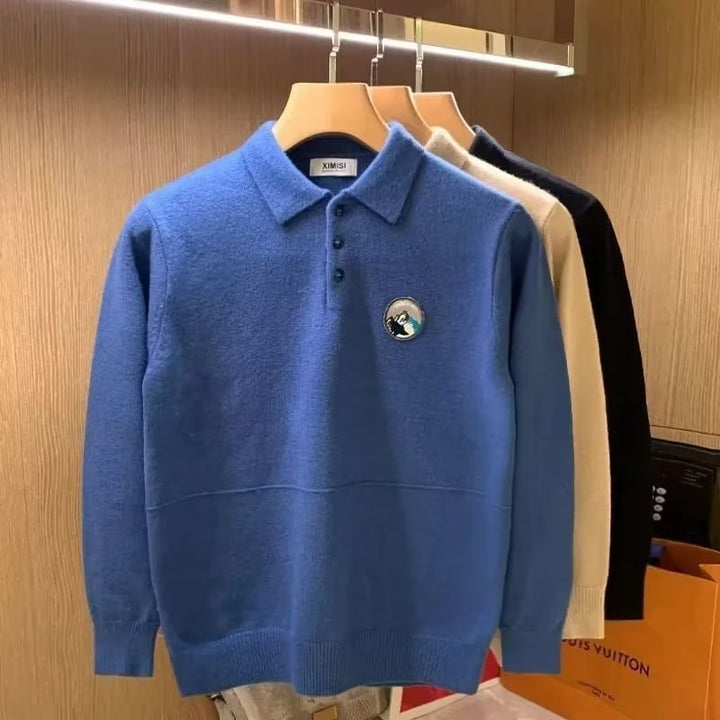 Men's polo collar sweater made of soft fluffy knit with logo patch Mune Fashion