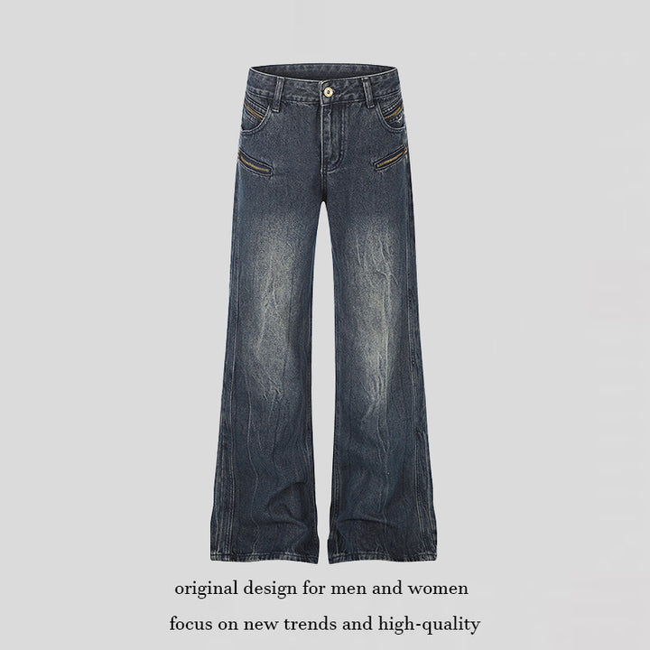 Women's Wide Denim Palazzo Jeans with High Waist and Decorative Zipper Pockets Mune Fashion