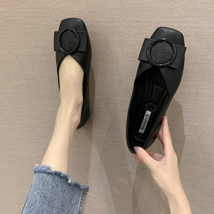 Women's Elegant Slipper-Ballet Flats with Square Toe and Decorative Round Buckle Mune Fashion