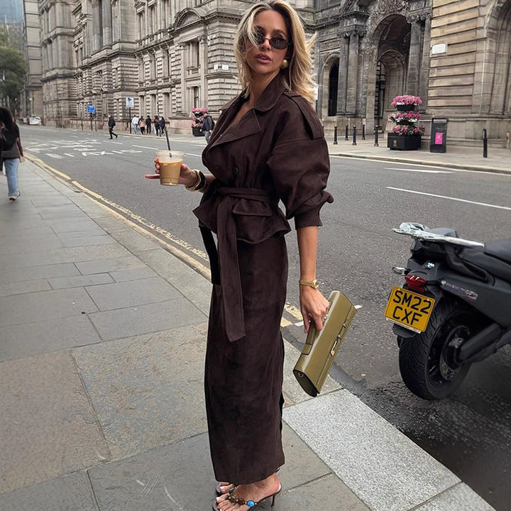 Women Velvet-Suede Trench Coat with Waist Belt and Peplum Silhouette Mune Fashion