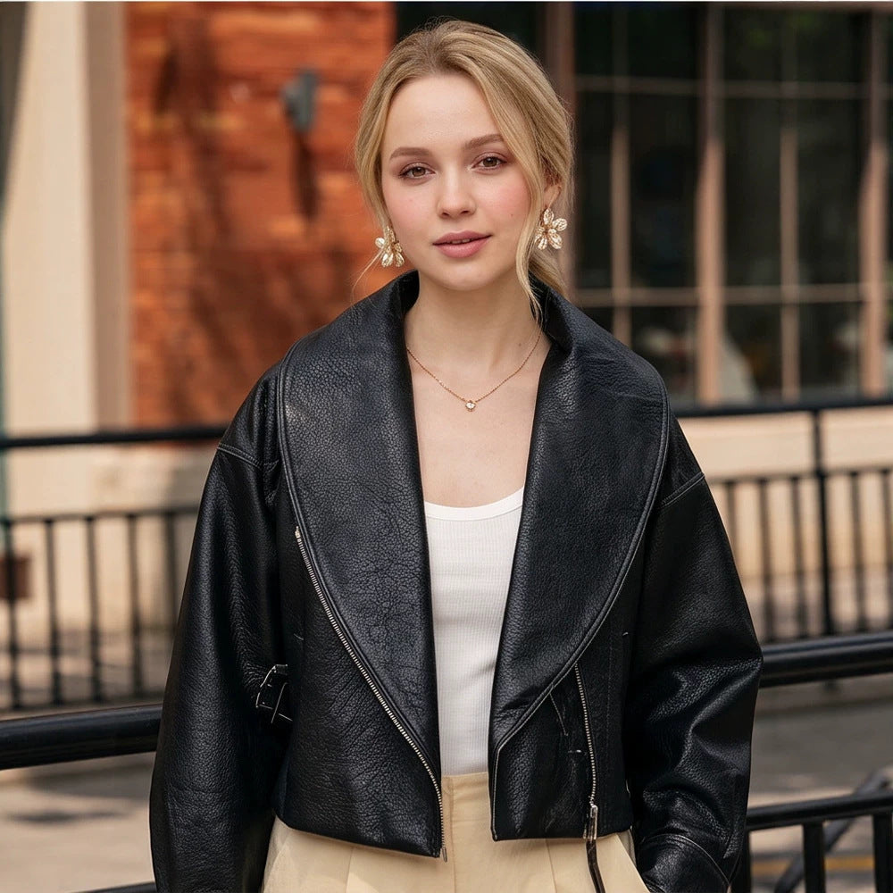 Women's Cropped Biker Jacket made of Faux Leather with Wide Shawl Collar and Asymmetrical Zipper Mune Fashion