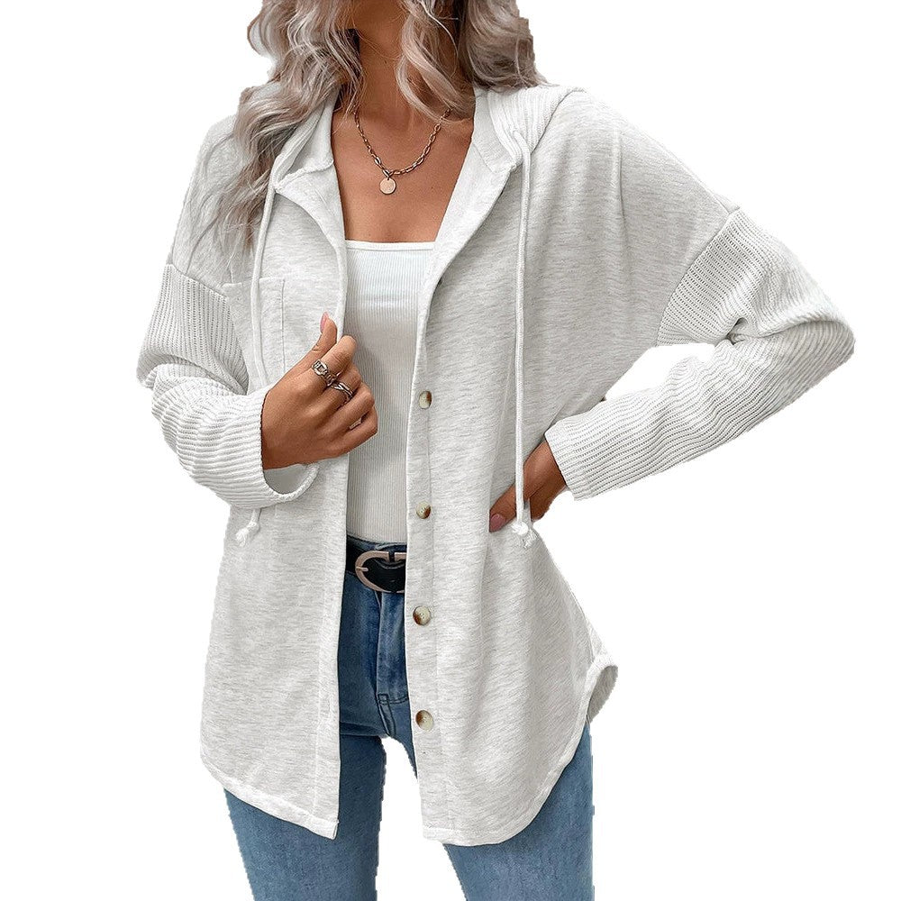 Women's hooded cardigan with button placket, contrasting ribbed sleeves, and casual longline silhouette Drune