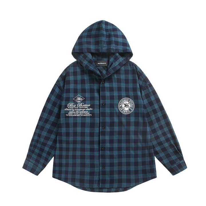 Unisex Checkered Flannel Hoodie Overshirt with Logo Embroidery and Oversize Cut Mune Fashion