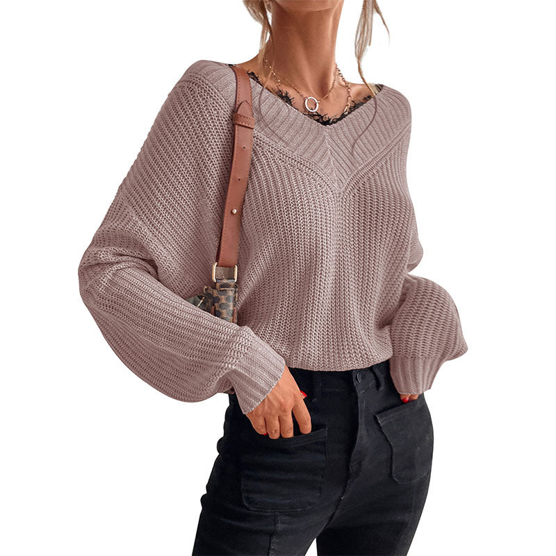 Women's Oversize V-Neck Fine Knit Sweater with Dropped Shoulder and Ribbed Cuffs Mune Fashion