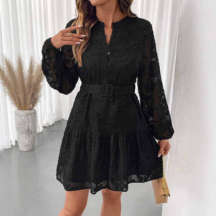 Women's short dress with transparent balloon sleeves, belt and floral texture Mune Fashion