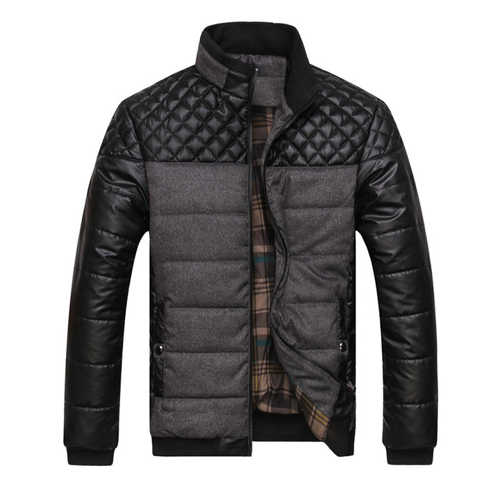 Men's Padded Quilted Bomber Jacket with Faux Leather Shoulder Insets, Stand Collar and Checkered Lining Mune Fashion