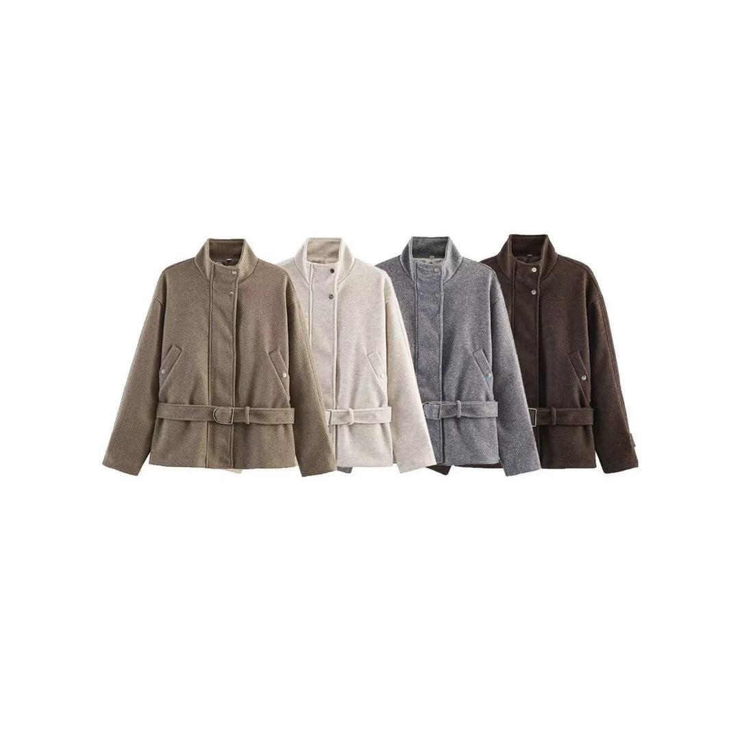 Ladies Short Wool Blend Transitional Jacket with Waist Belt and Stand-Up Collar Mune Fashion