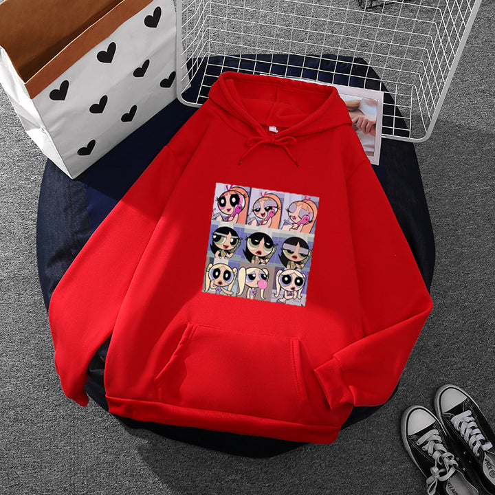 Women's casual hoodie with square cartoon collage print, soft fleece lining, and kangaroo pocket Mune Fashion