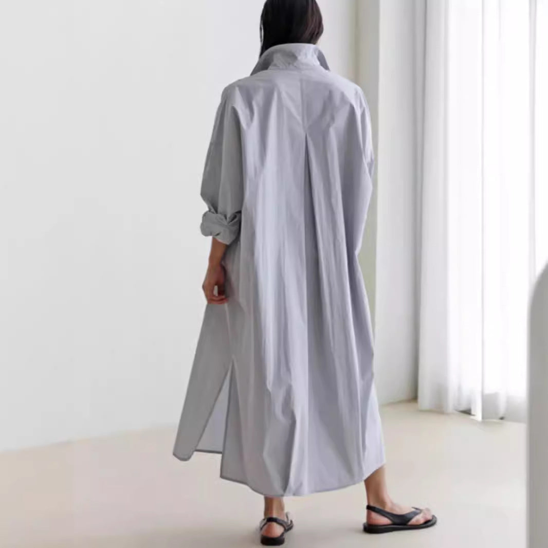 Women Flowing Oversized Shirt Dress with Kent Collar, Kimono Sleeves and Side Slits Mune Fashion