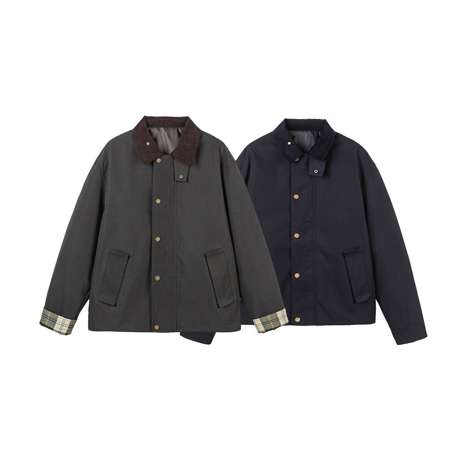 Men's Short-Cut Canvas Field Jacket with Cord Collar and Concealed Snap Placket Mune Fashion
