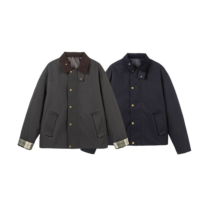 Men's Short-Cut Canvas Field Jacket with Cord Collar and Concealed Snap Placket Mune Fashion