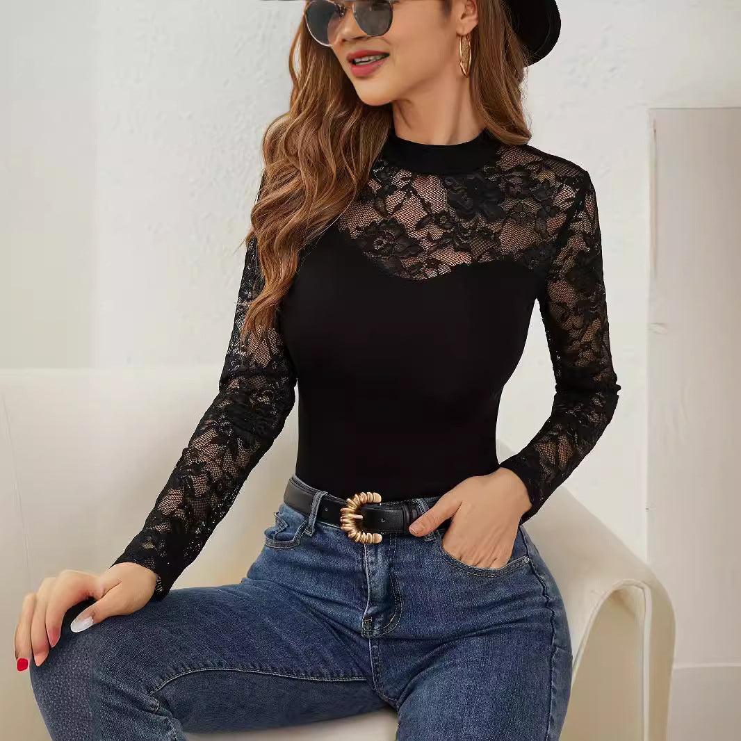 Women Elegant Long Sleeve Top with Romantic Lace Mune