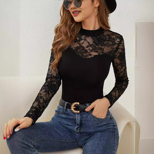 Women Elegant Long Sleeve Top with Romantic Lace Mune
