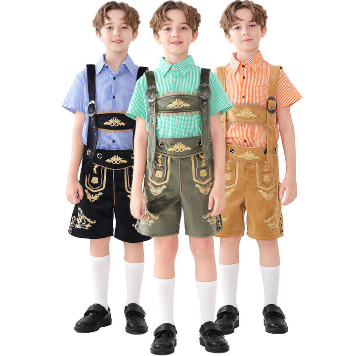 Unisex traditional children's leather trousers with adjustable suspenders and elaborate embroidery Mune Fashion