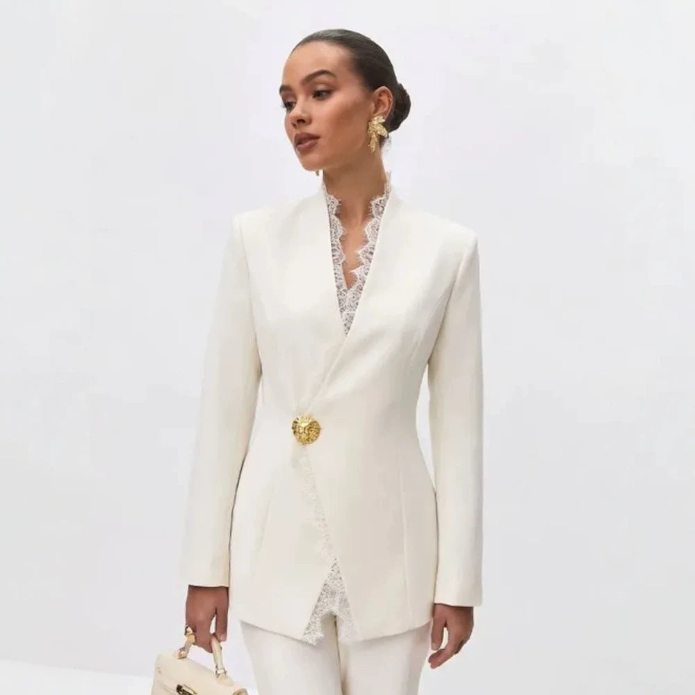 Women's Tailored Blazer with Lace Trim and Decorative Button Mune Fashion