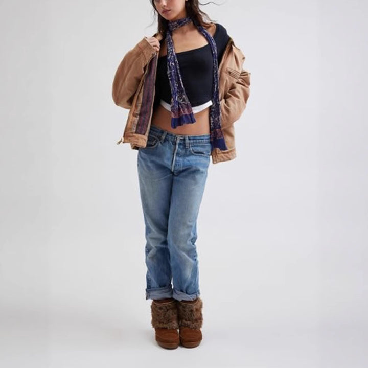 Women Cropped Long Sleeve Shirt with Square Neckline and Contrast Cuffs Mune Fashion