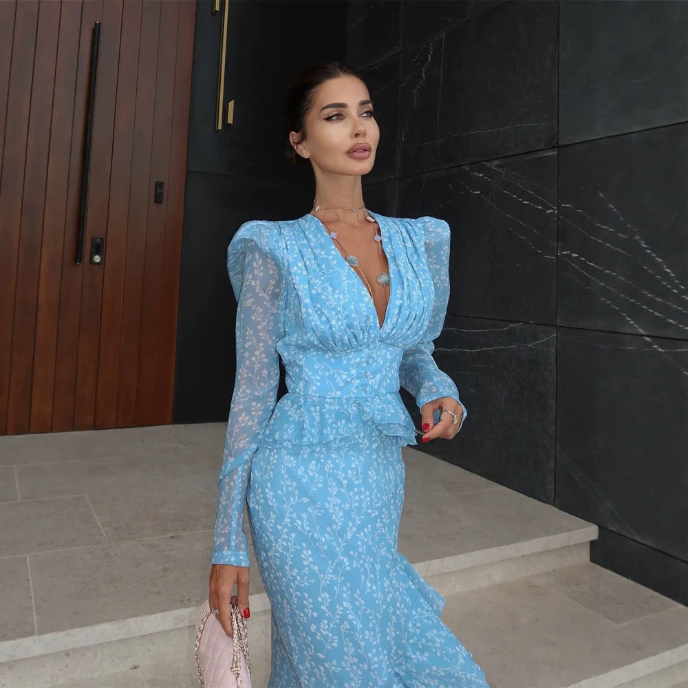Women Chiffon Maxi Dress with V-neck, Puff Sleeves and Leg Slit Mune Fashion