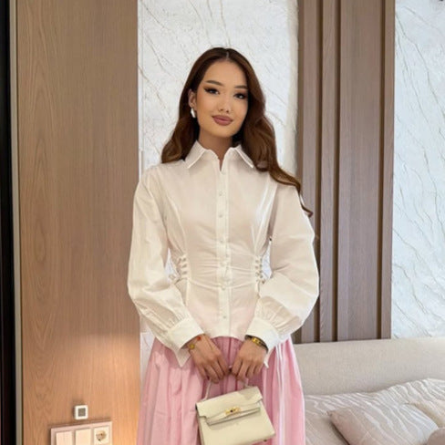Women tailored cotton blouse with side lacing and balloon sleeves Mune Fashion