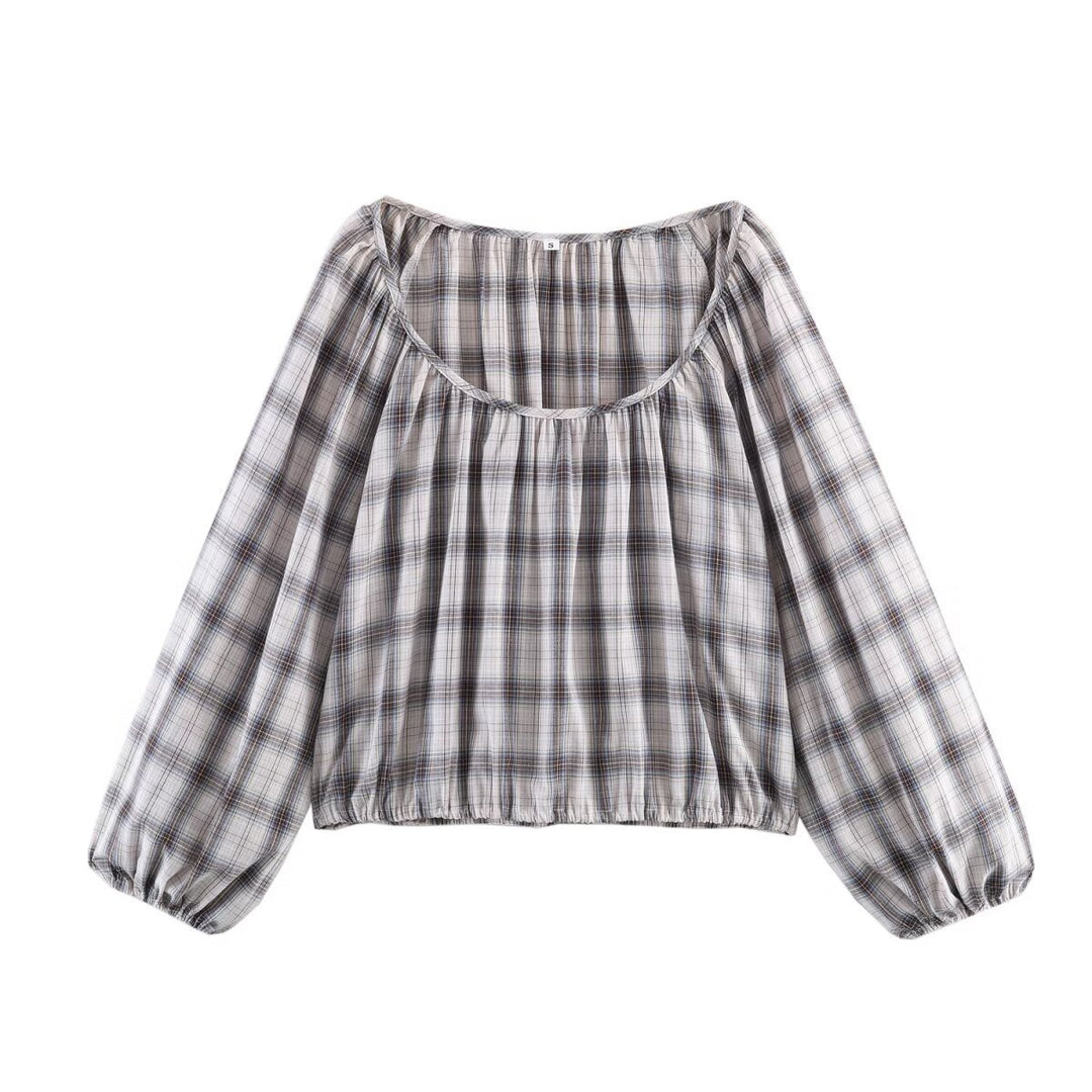 Women's Checked Carmen Blouse with Wide Neckline, Balloon Sleeves and Elastic Hem Mune Fashion