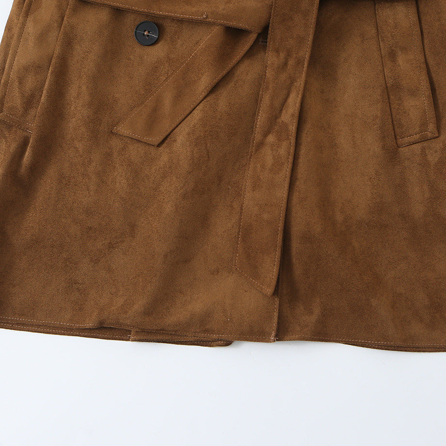 Women's Tailored Short Trench in Suede Look with Double-Breasted Button Placket and Epaulettes Mune Fashion
