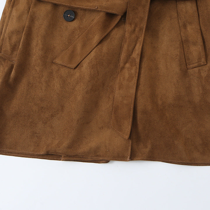 Women's Tailored Short Trench in Suede Look with Double-Breasted Button Placket and Epaulettes Mune Fashion