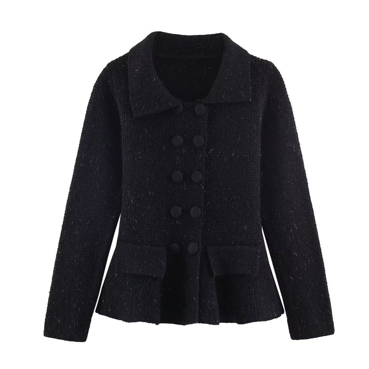 Women's structured cardigan with double-breasted design, waist-defining peplum, and patch pockets Mune Fashion