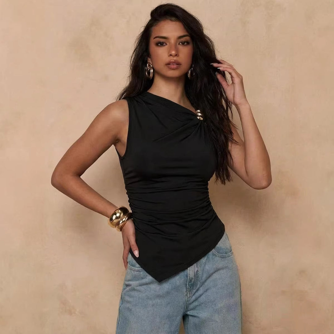 Women's asymmetrical one-shoulder top with decorative rings, tailored gathering, and pointed hem Mune Fashion