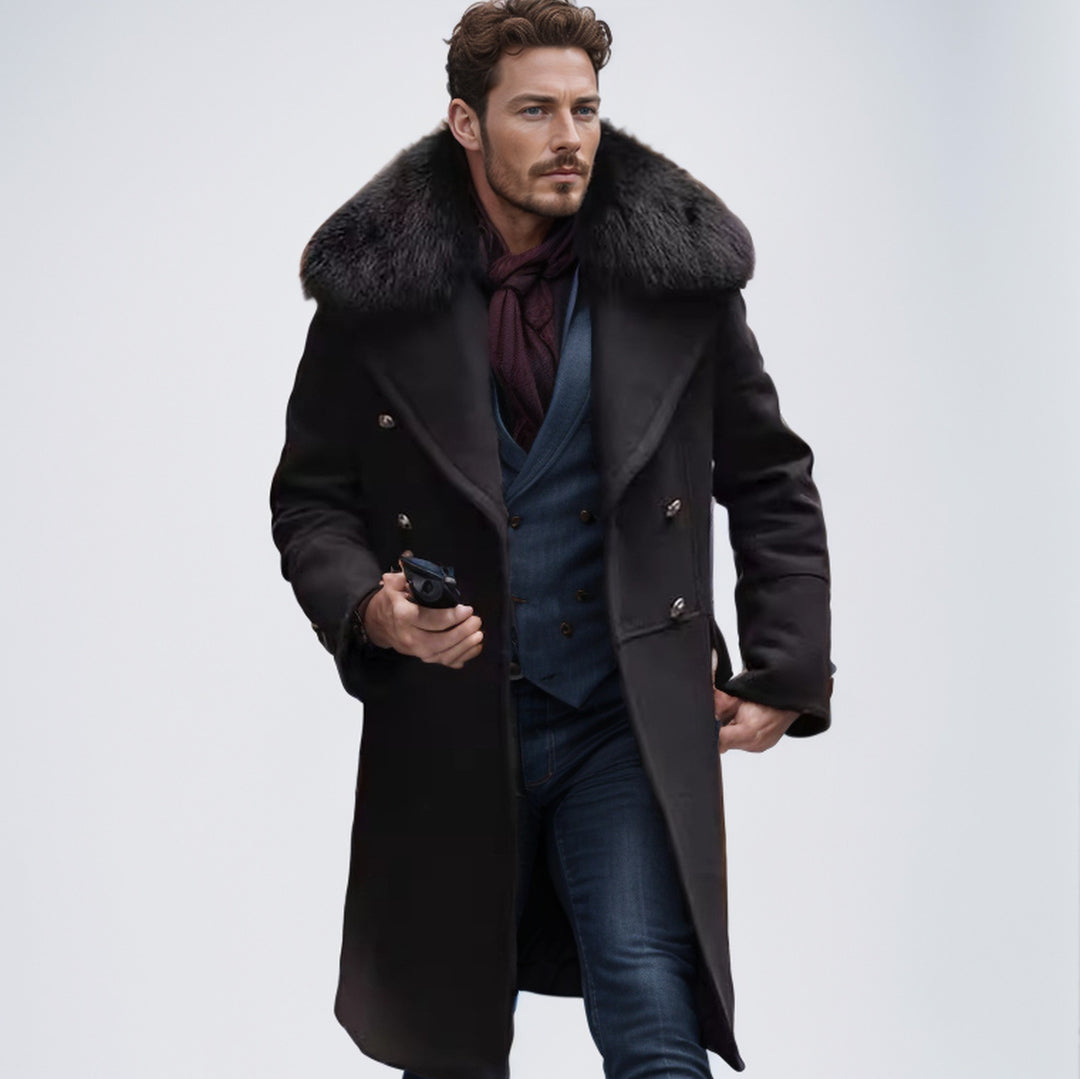 Men's Double-Breasted Wool Coat with Large Faux Fur Collar Mune Fashion