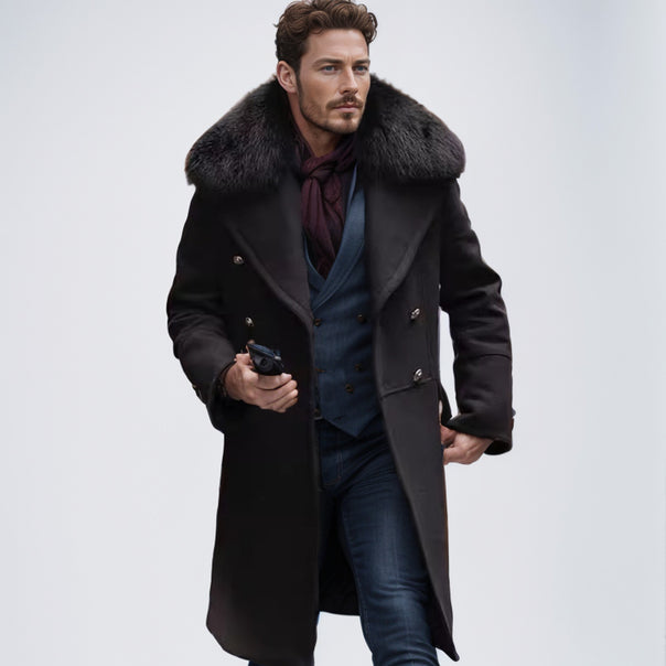 Men's Double-Breasted Wool Coat with Large Faux Fur Collar Mune Fashion