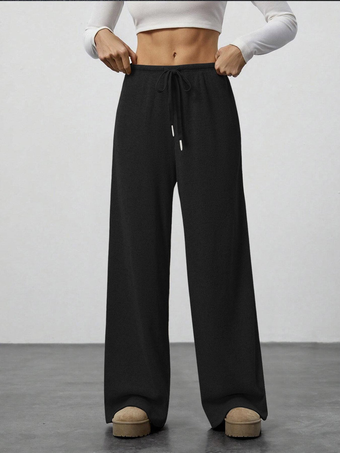 Women's Soft Ribbed Lounge Pants with Wide Leg and Drawstring Mune Fashion