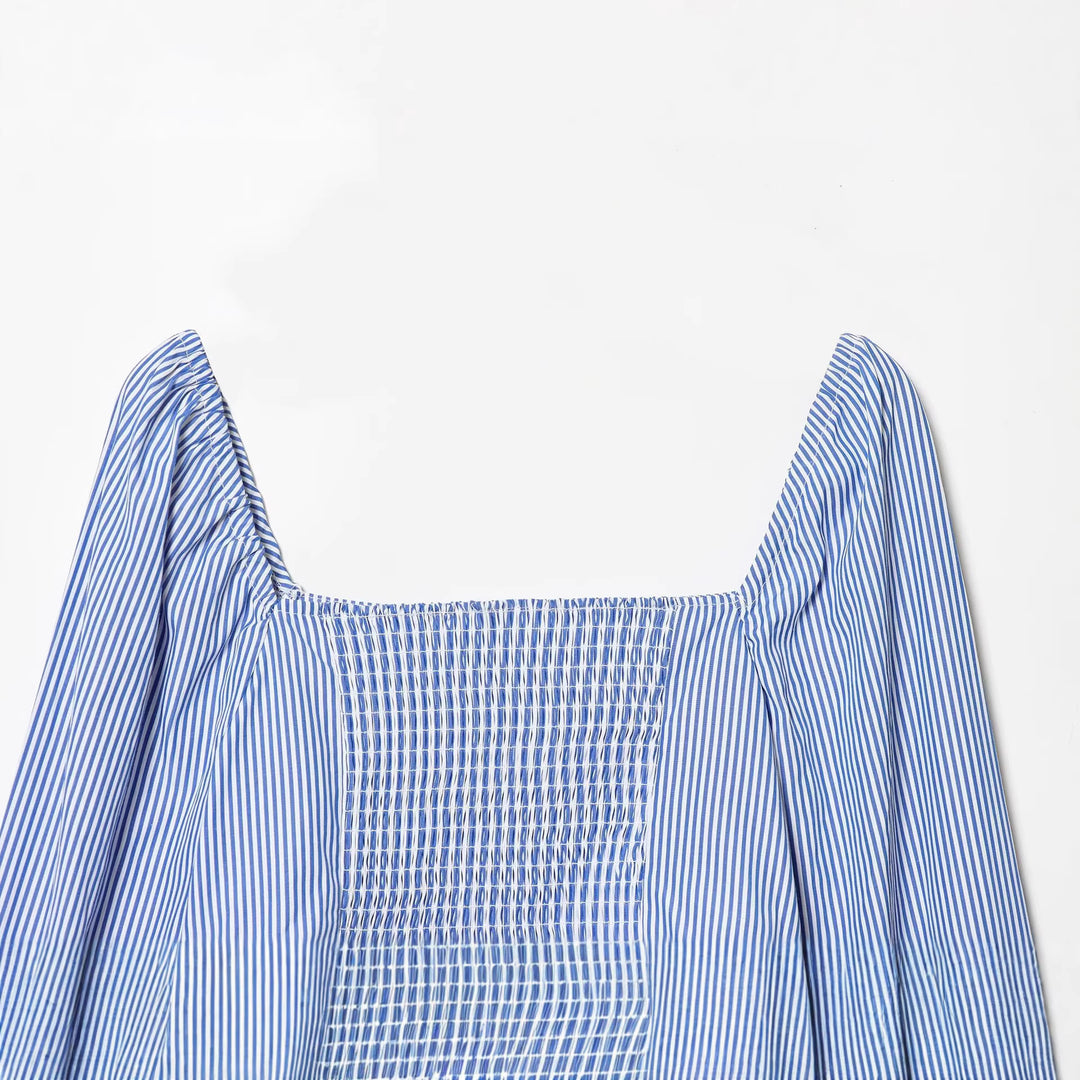 Women Striped Cropped Blouse with Square Neckline and Wide Balloon Sleeves Mune Fashion