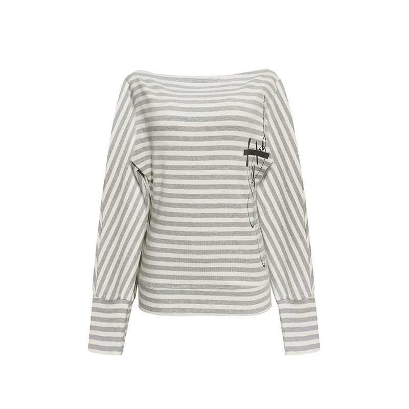 Women's Figure-hugging Striped Long Sleeve Shirt with Wide Boat Neck and Cropped Batwing Sleeves Mune Fashion