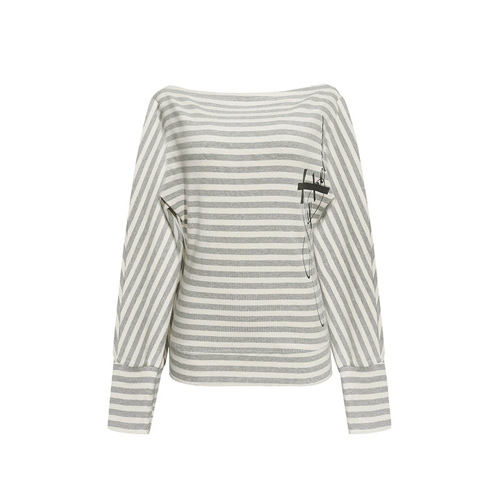 Women's Figure-hugging Striped Long Sleeve Shirt with Wide Boat Neck and Cropped Batwing Sleeves Mune Fashion