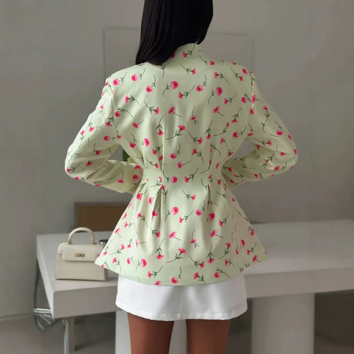 Women's fitted blazer with peplum, decorative buttons and floral pattern Mune Fashion