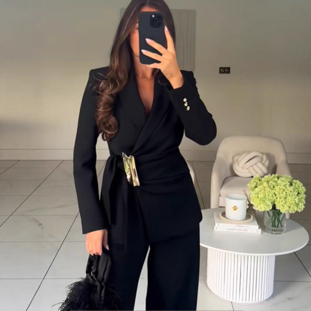 Women's Tailored Wrap Blazer with Decorative Metal Buckle & High-Waist Palazzo Pants Mune Fashion