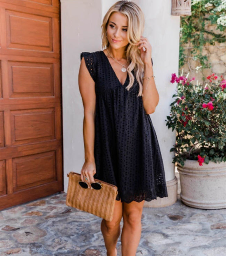 Women's Broderie-Anglaise Mini Dress with V-Neck, Ruffled Sleeves, and Insert Pockets Mune Fashion