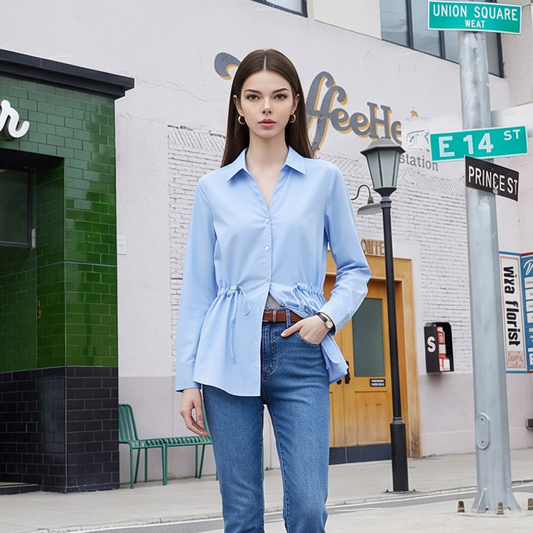 Women Lightweight Blouse with Drawstring Waist and Classic Shirt Collar Mune Fashion