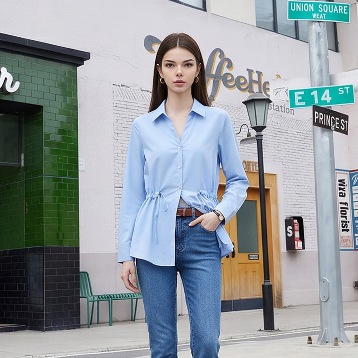 Women Lightweight Blouse with Drawstring Waist and Classic Shirt Collar Mune Fashion