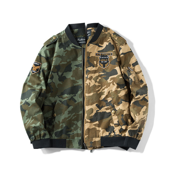 Men's Camouflage Bomber Jacket in Military Style with Patch Applications, Arm Pocket and Ribbed Cuffs Mune Fashion
